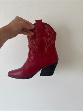 Soda Red Western Ankle cowboy Boot with Embroidered Stitching